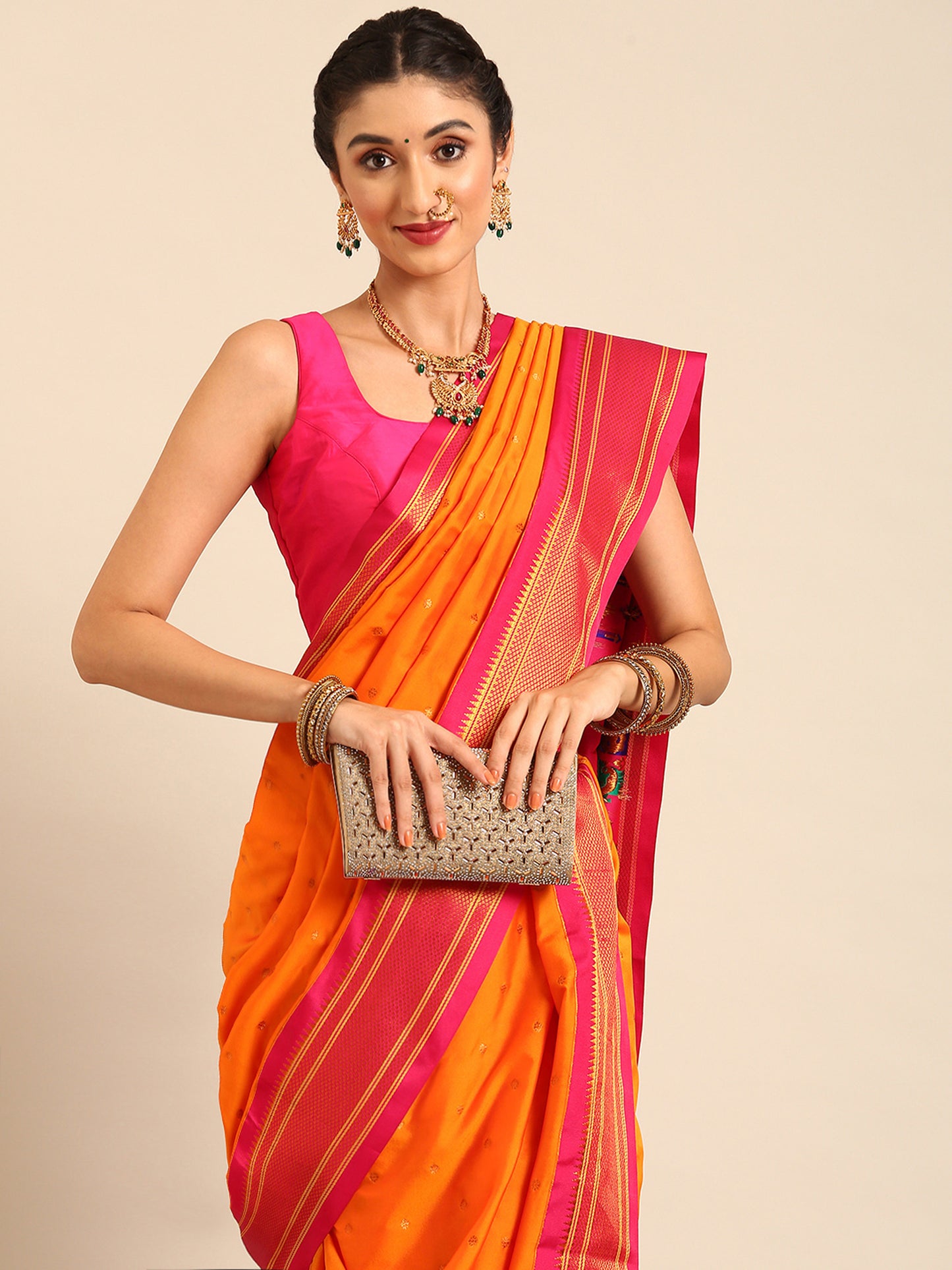 Swamini Mango Orange & Pink Soft Silk Maharani Nauvari Paithani Saree