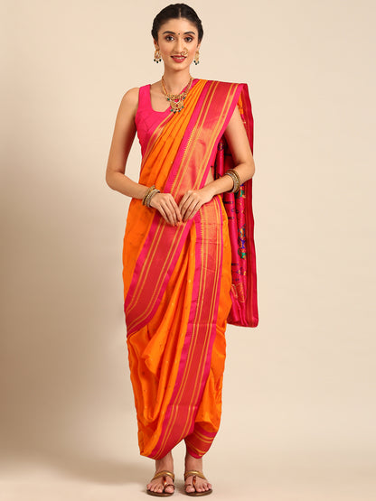 Swamini Mango Orange & Pink Soft Silk Maharani Nauvari Paithani Saree