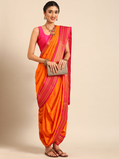 Swamini Mango Orange & Pink Soft Silk Maharani Nauvari Paithani Saree