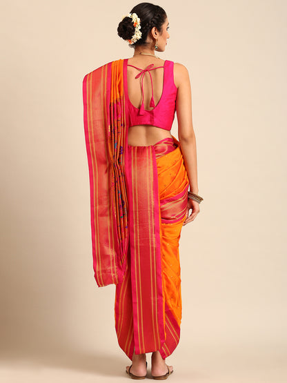 Swamini Mango Orange & Pink Soft Silk Maharani Nauvari Paithani Saree