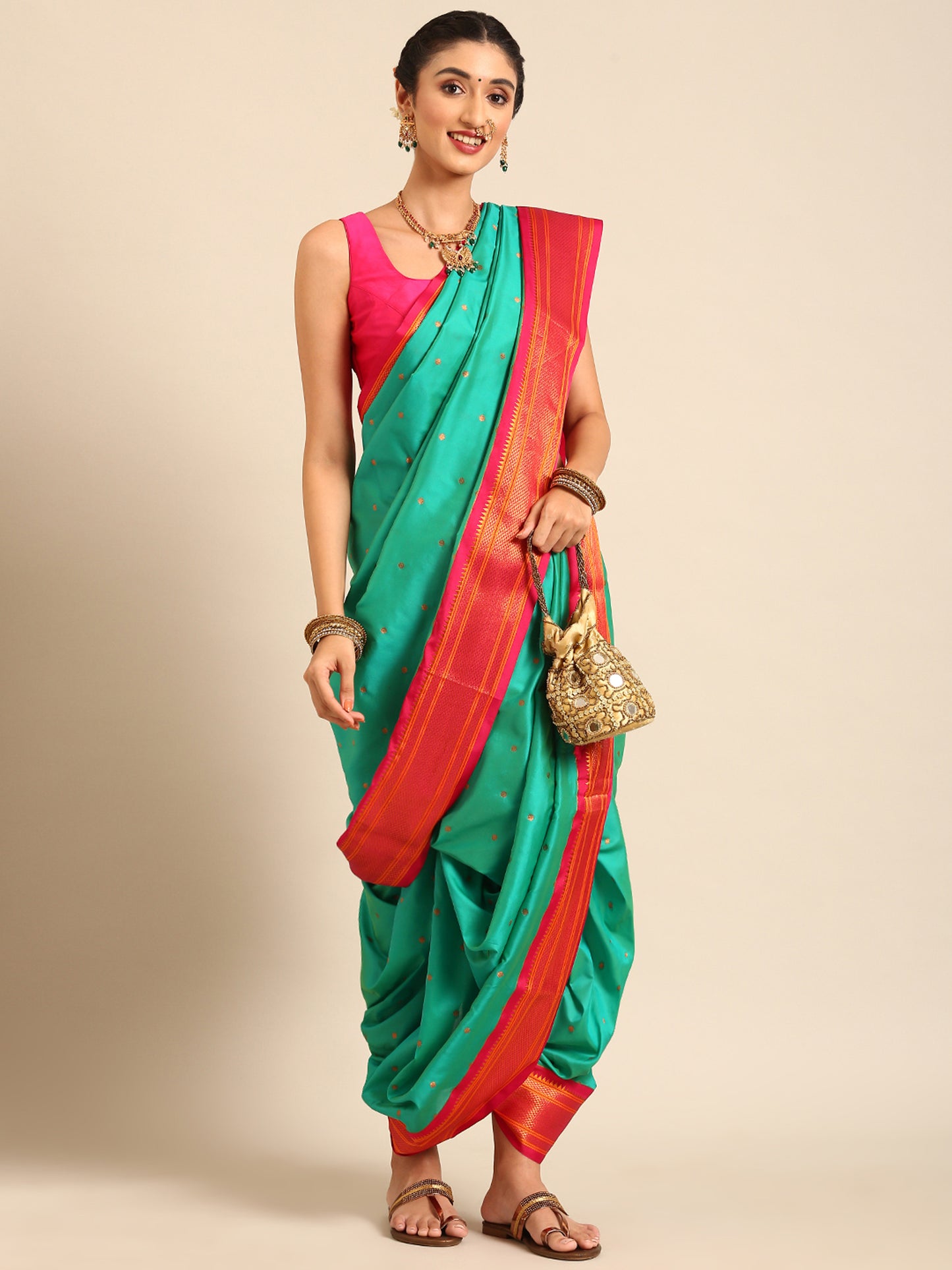 Swamini Sea Green & Pink Soft Silk Maharani Nauvari Paithani Saree