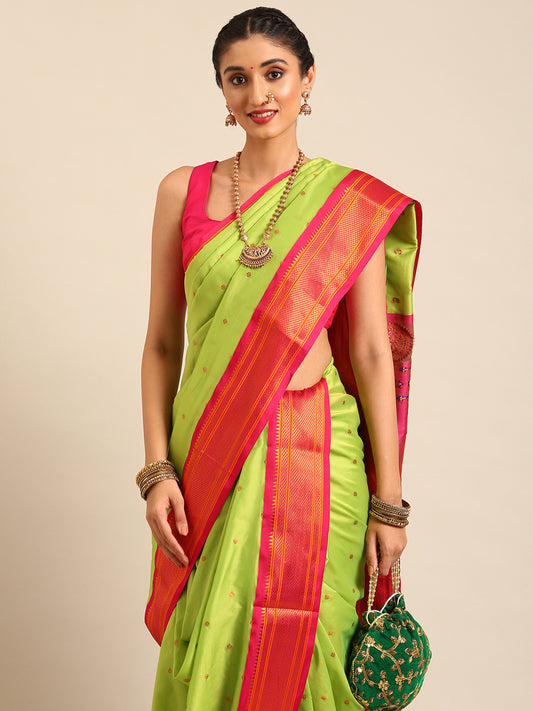 Swamini Parrot Green & Pink Soft Silk Maharani Nauvari Paithani Saree
