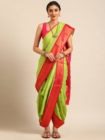 Swamini Parrot Green & Pink Soft Silk Maharani Nauvari Paithani Saree