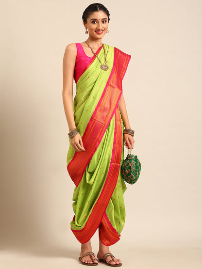 Swamini Parrot Green & Pink Soft Silk Maharani Nauvari Paithani Saree