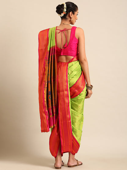 Swamini Parrot Green & Pink Soft Silk Maharani Nauvari Paithani Saree