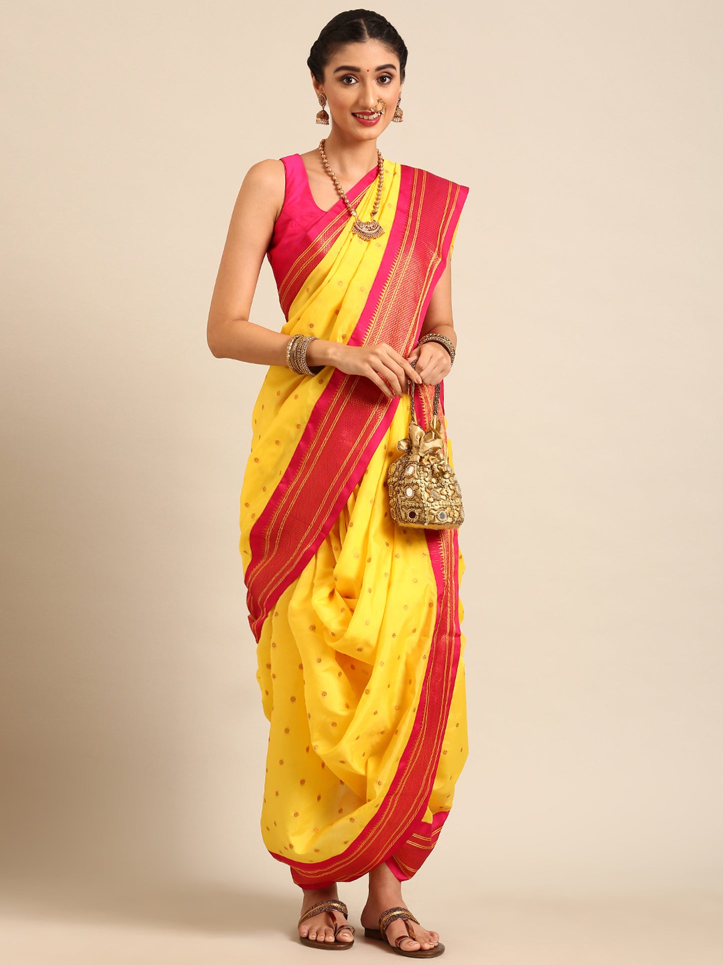 Swamini Gold & Pink Soft Silk Maharani Nauvari Paithani Saree