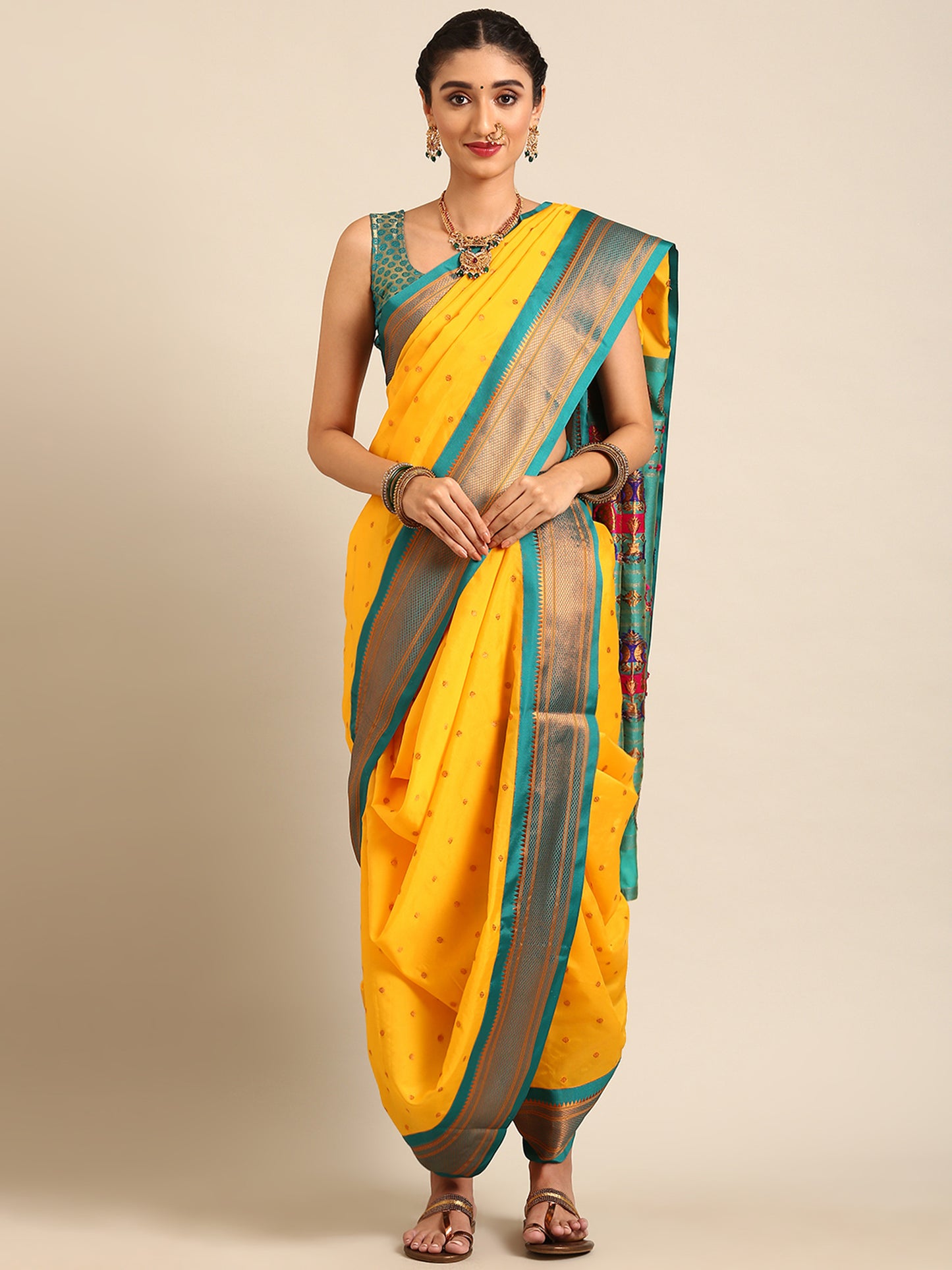 Swamini Haldi & Rama Soft Silk Maharani Nauvari Paithani Saree