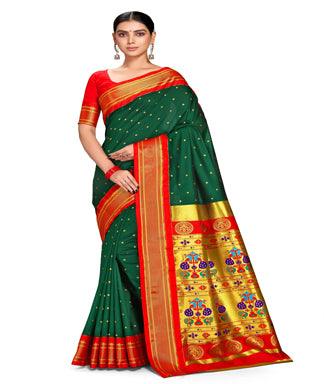            Shridevi Bottle Green: Paithani Soft Silk Kadiyal Maharani Pallu Saree     Varkala Silk Sarees