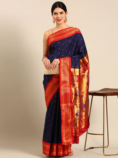 Neha Navy Blue & Red Soft Silk Maharani Paithani Saree