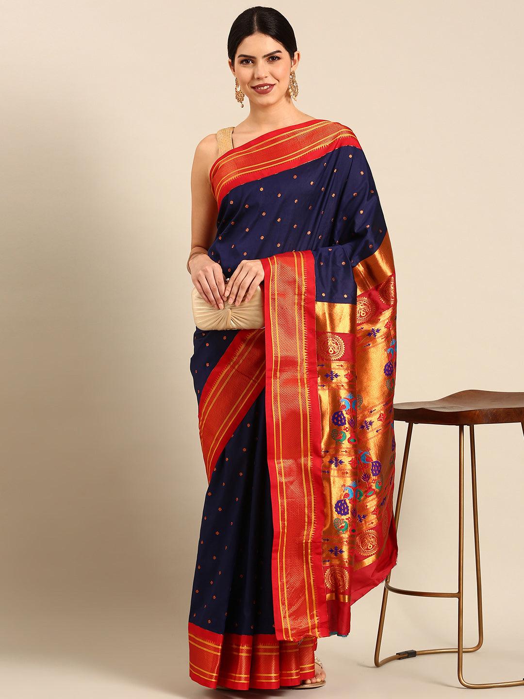            Neha Navy Blue & Red Soft Silk Maharani Paithani Saree     Varkala Silk Sarees