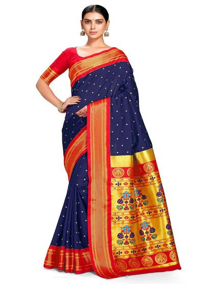            Shridevi Navy Blue: Paithani Soft Silk Kadiyal Maharani Pallu Saree     Varkala Silk Sarees