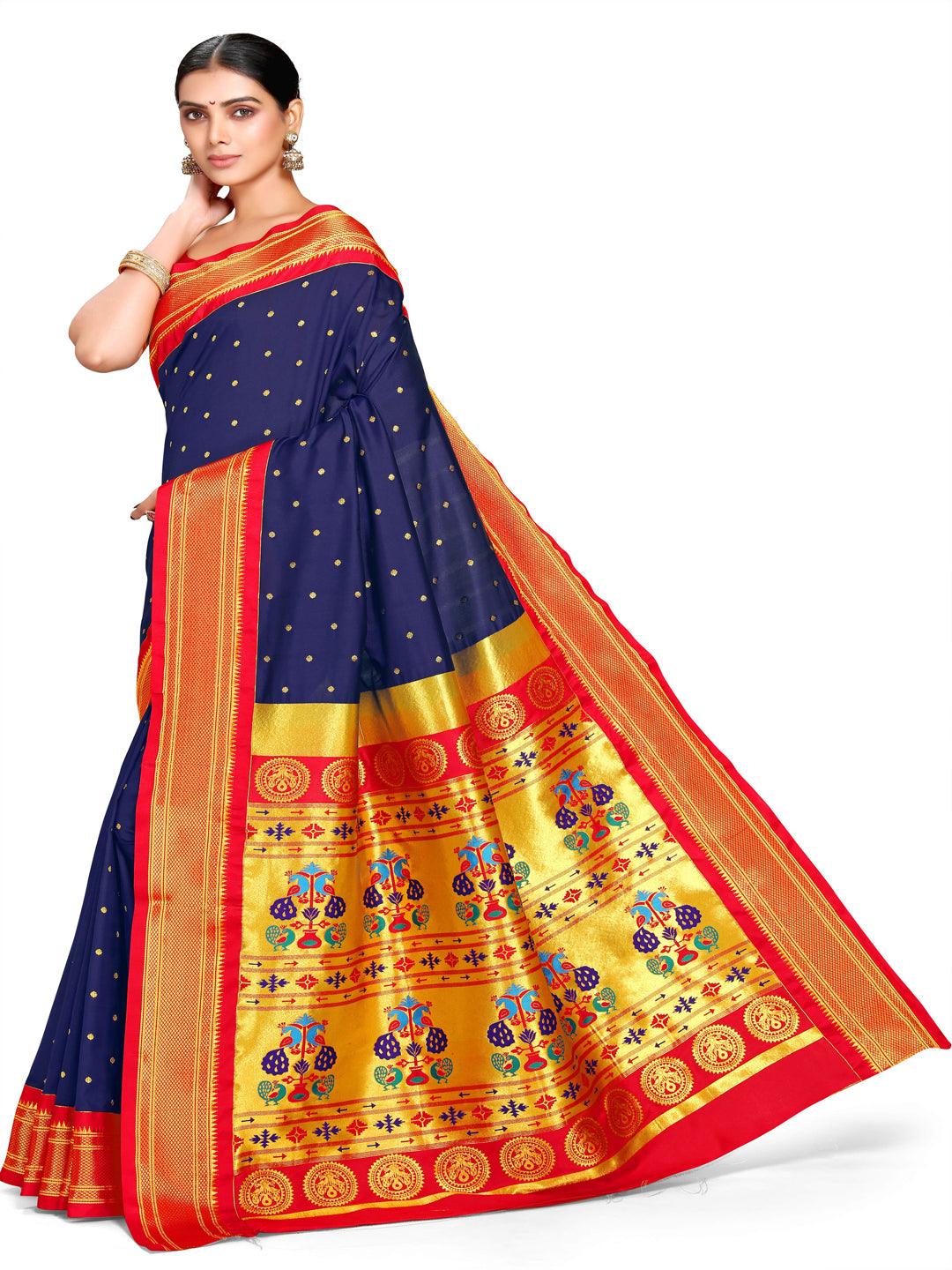            Shridevi Navy Blue: Paithani Soft Silk Kadiyal Maharani Pallu Saree     Varkala Silk Sarees