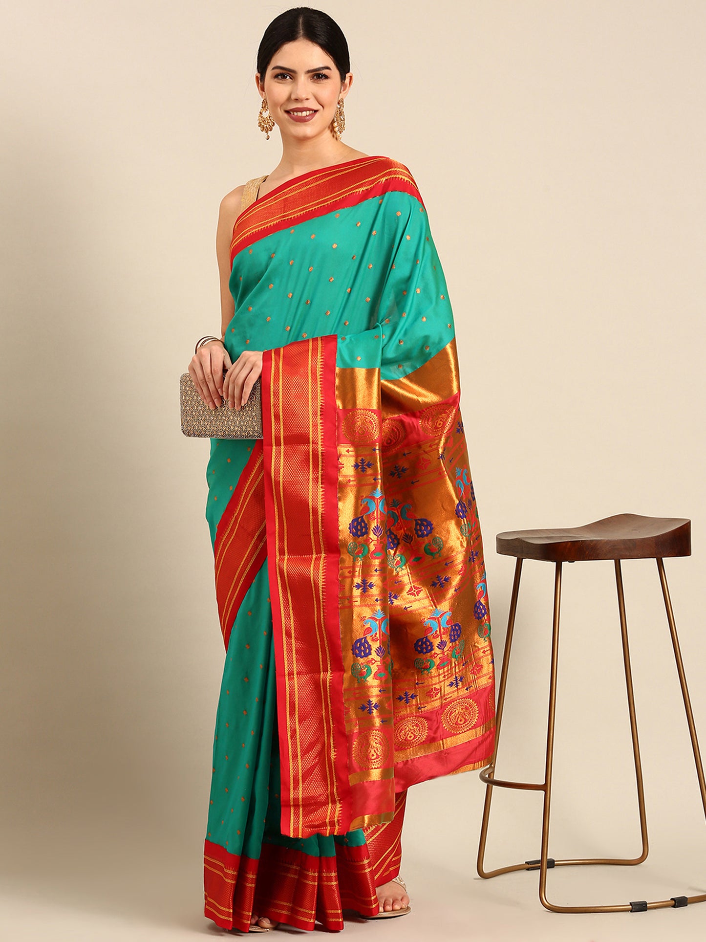 Neha Sea Green & Red Soft Silk Maharani Paithani Saree