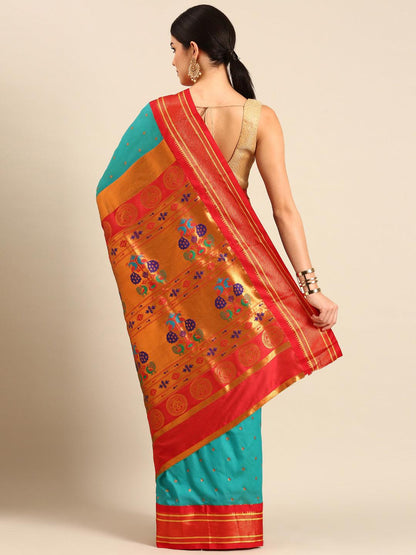            Neha Chintamani Blue & Red Soft Silk Maharani Paithani Saree     Varkala Silk Sarees