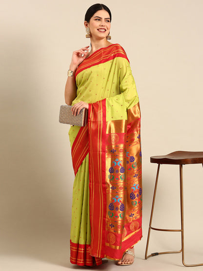 Neha Parrot Green & Red Soft Silk Maharani Paithani Saree