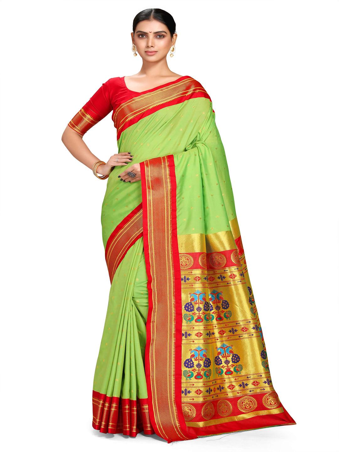            Shridevi Parrot Green: Paithani Soft Silk Kadiyal Maharani Pallu Saree     Varkala Silk Sarees