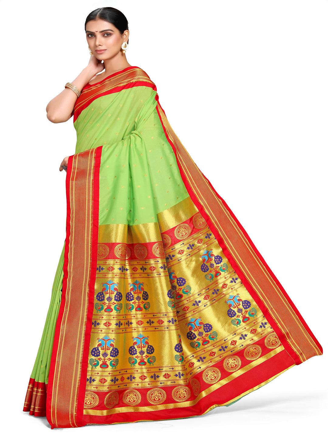            Shridevi Parrot Green: Paithani Soft Silk Kadiyal Maharani Pallu Saree     Varkala Silk Sarees