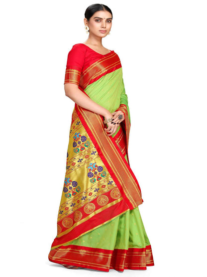            Shridevi Parrot Green: Paithani Soft Silk Kadiyal Maharani Pallu Saree     Varkala Silk Sarees