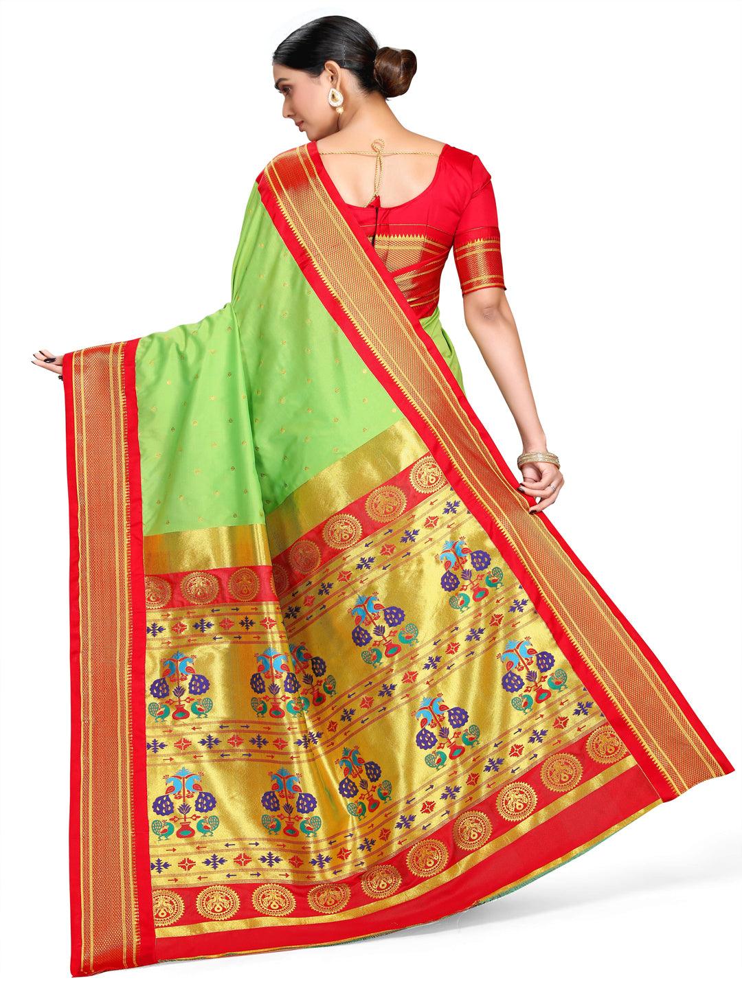            Shridevi Parrot Green: Paithani Soft Silk Kadiyal Maharani Pallu Saree     Varkala Silk Sarees