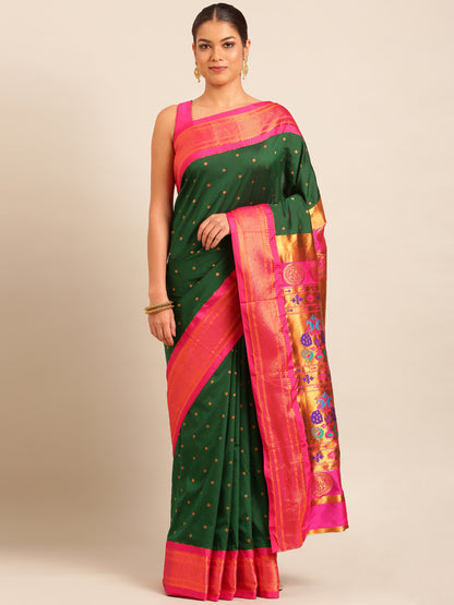 Neha Bottle Green & Pink Soft Silk Maharani Paithani Saree