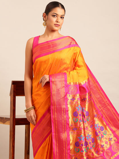 Neha Mustard & Pink Soft Silk Maharani Paithani Saree