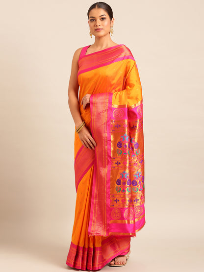 Neha Mustard & Pink Soft Silk Maharani Paithani Saree