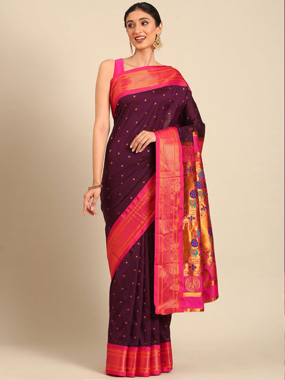 Neha Wine & Pink Soft Silk Maharani Paithani Saree