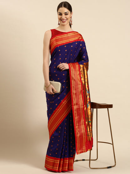 Gopi Indigo Blue & Red Soft Silk Fancy Pallu Paithani Saree