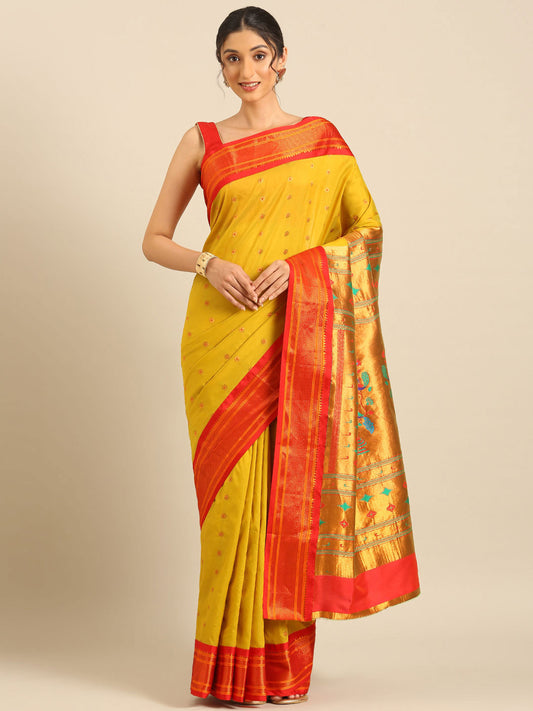 Gopi Mustard & Red Soft Silk Fancy Pallu Paithani Saree