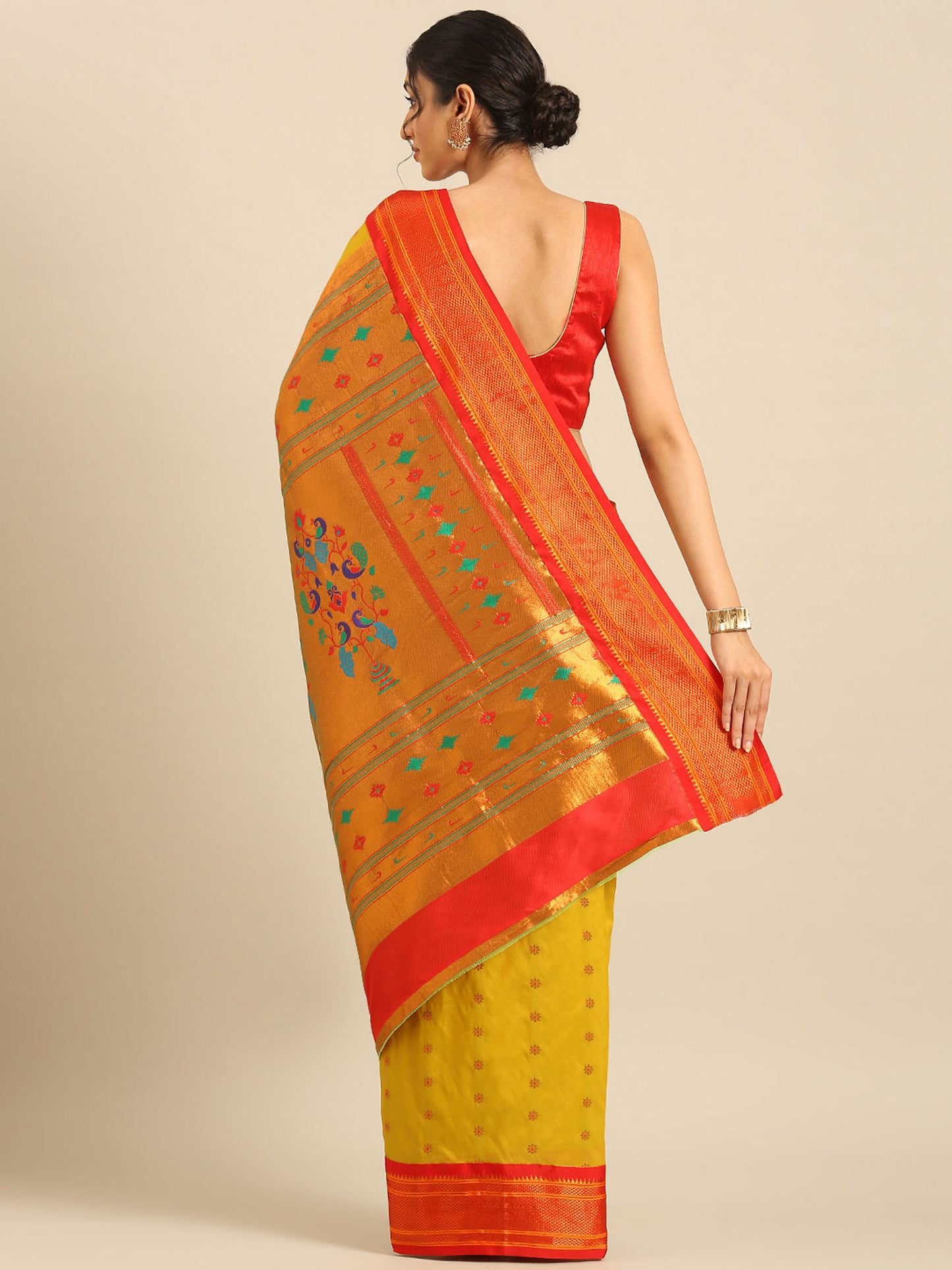 Gopi Mustard & Red Soft Silk Fancy Pallu Paithani Saree