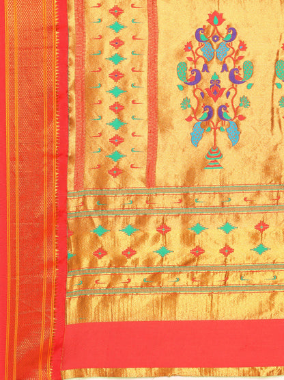 Gopi Mustard & Red Soft Silk Fancy Pallu Paithani Saree