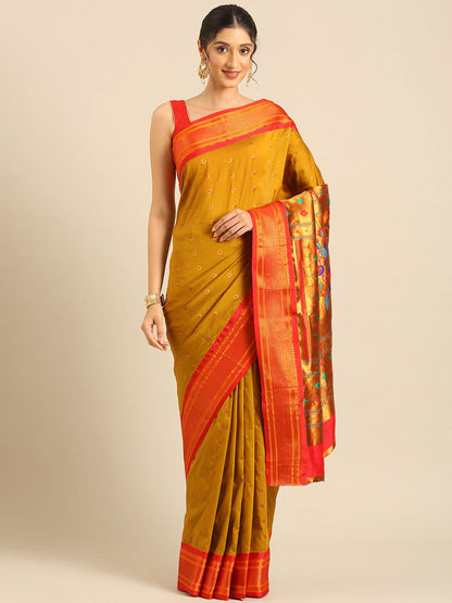 Gopi Beige & Red Soft Silk Fancy Pallu Paithani Saree