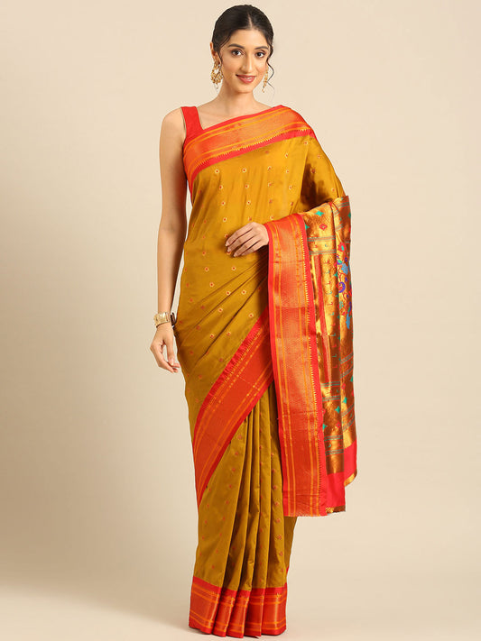 Gopi Beige & Red Soft Silk Fancy Pallu Paithani Saree
