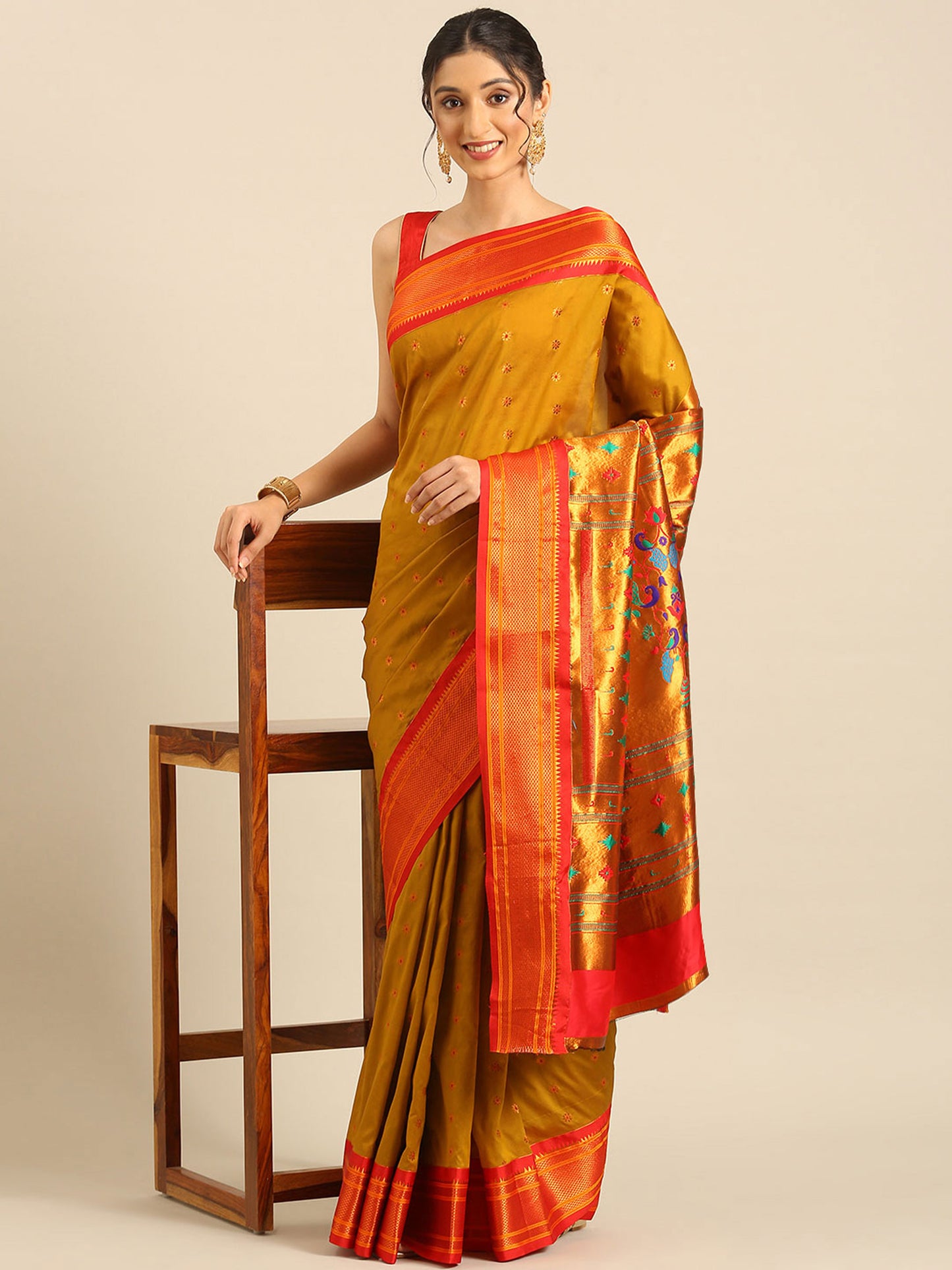 Gopi Beige & Red Soft Silk Fancy Pallu Paithani Saree