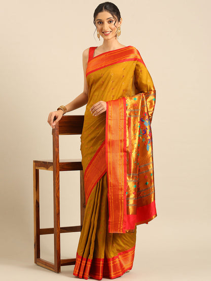 Gopi Beige & Red Soft Silk Fancy Pallu Paithani Saree