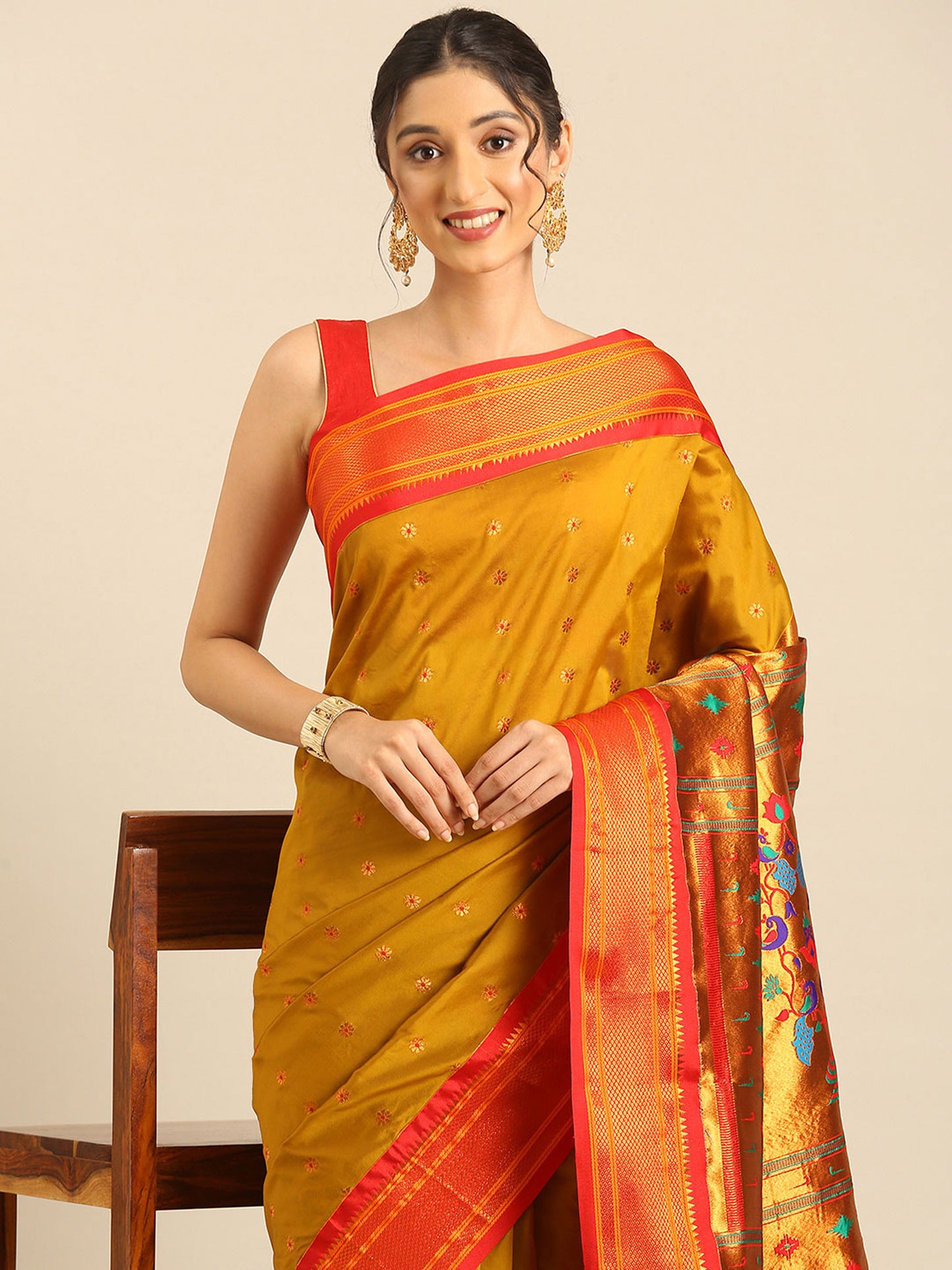 Gopi Beige & Red Soft Silk Fancy Pallu Paithani Saree