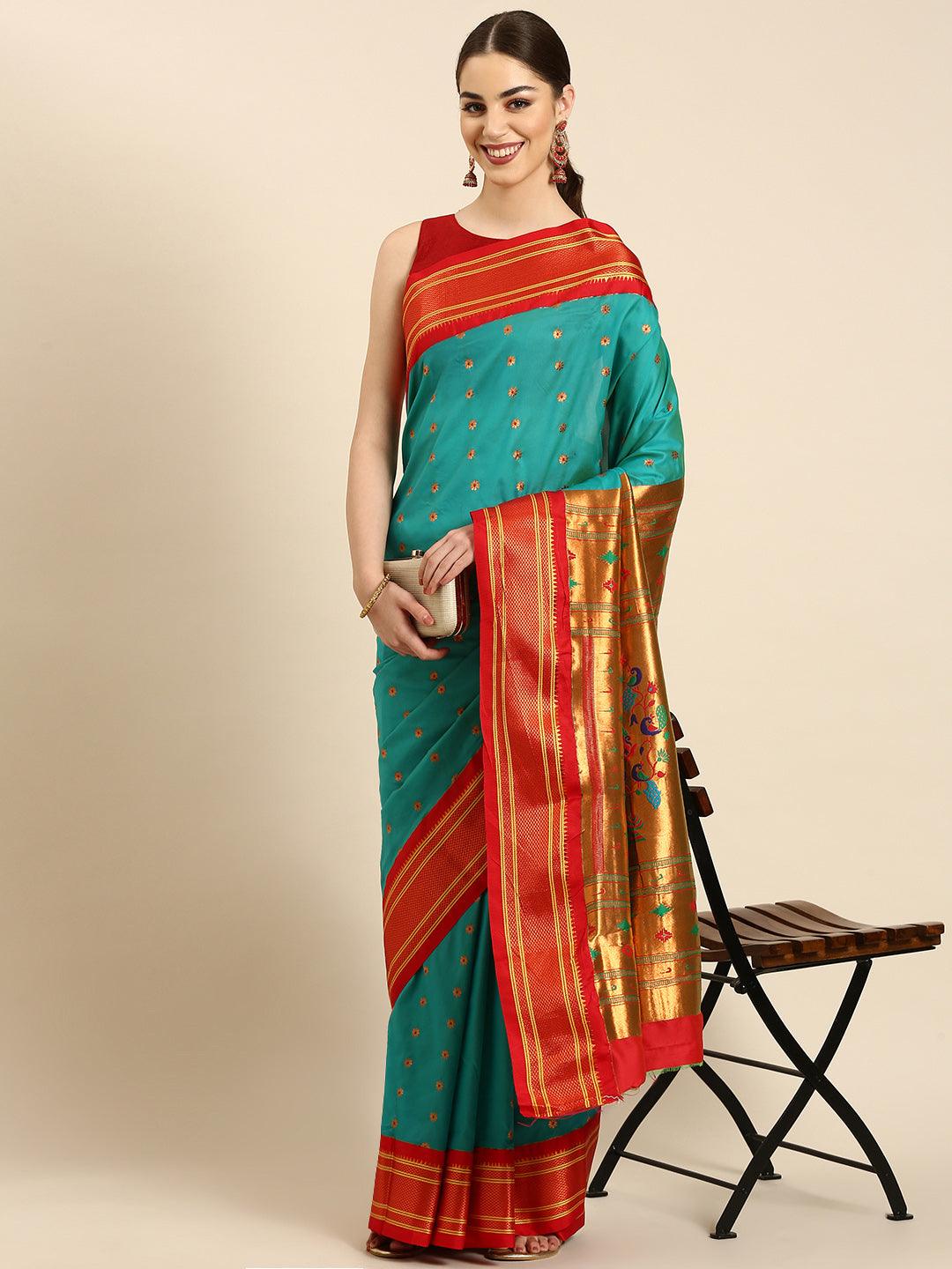            Gopi Chintamani Blue & Red Soft Silk Muniya Paithani Saree     Varkala Silk Sarees