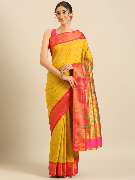 Gopi Mustard & Pink Soft Silk Fancy Pallu Paithani Saree