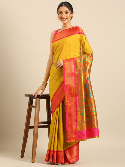 Gopi Mustard & Pink Soft Silk Fancy Pallu Paithani Saree