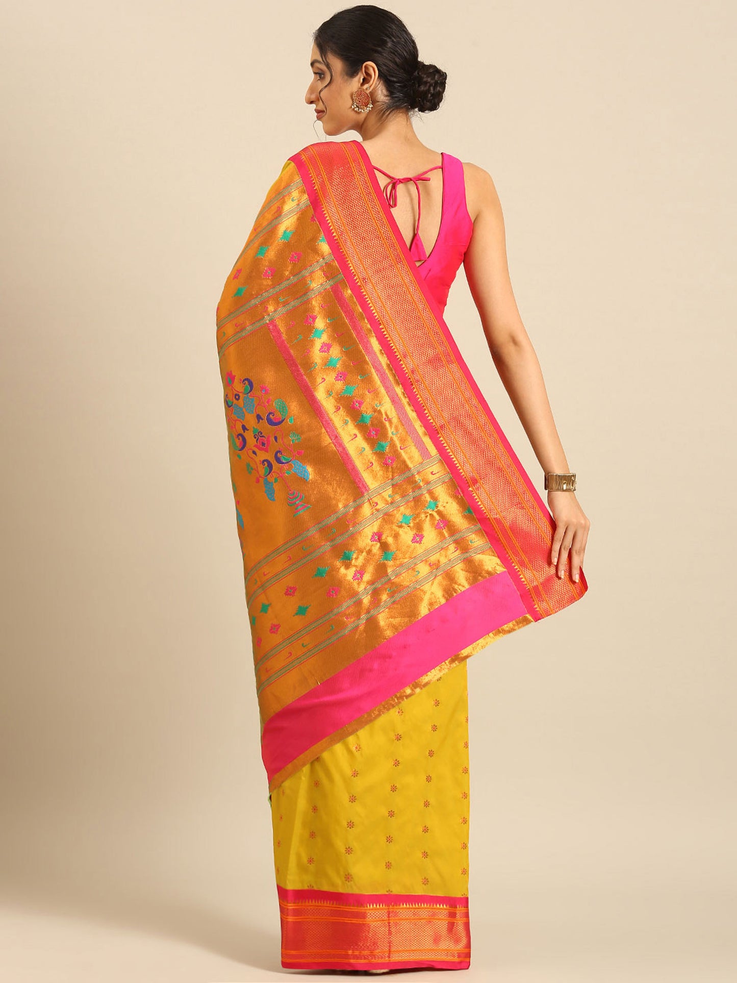 Gopi Mustard & Pink Soft Silk Fancy Pallu Paithani Saree