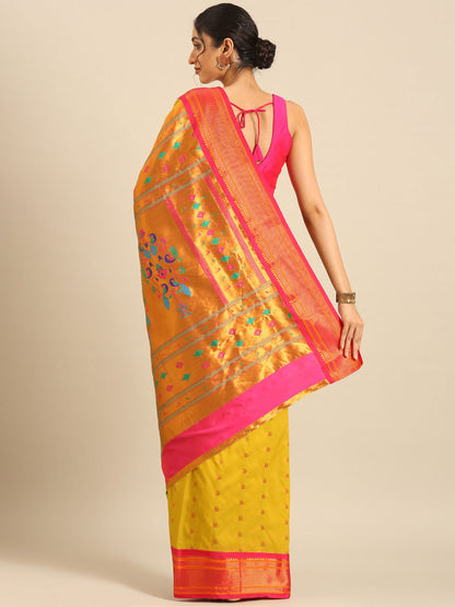 Gopi Mustard & Pink Soft Silk Fancy Pallu Paithani Saree