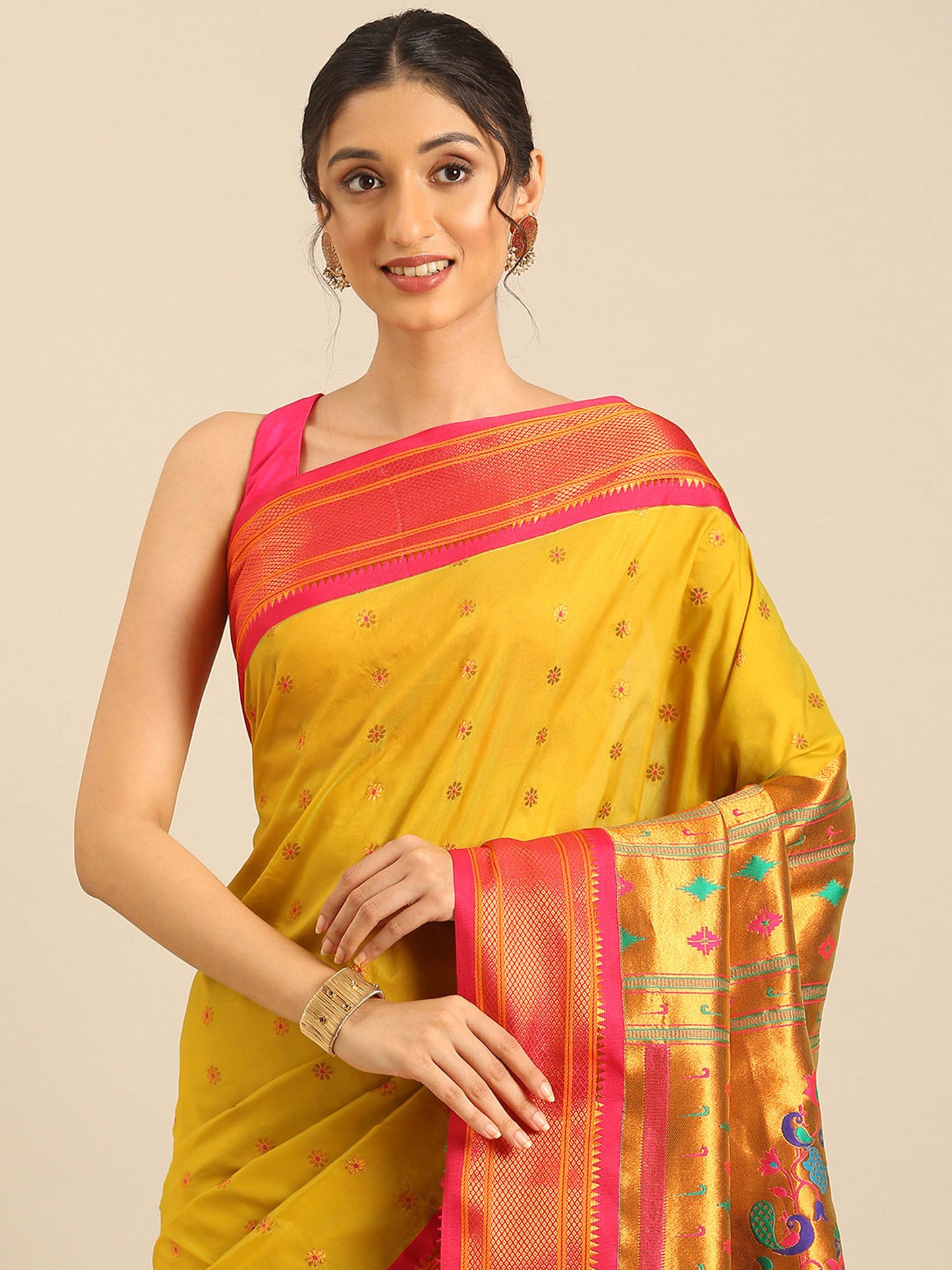 Gopi Mustard & Pink Soft Silk Fancy Pallu Paithani Saree