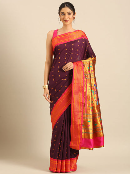 Gopi Wine & Pink Soft Silk Fancy Pallu Paithani Saree