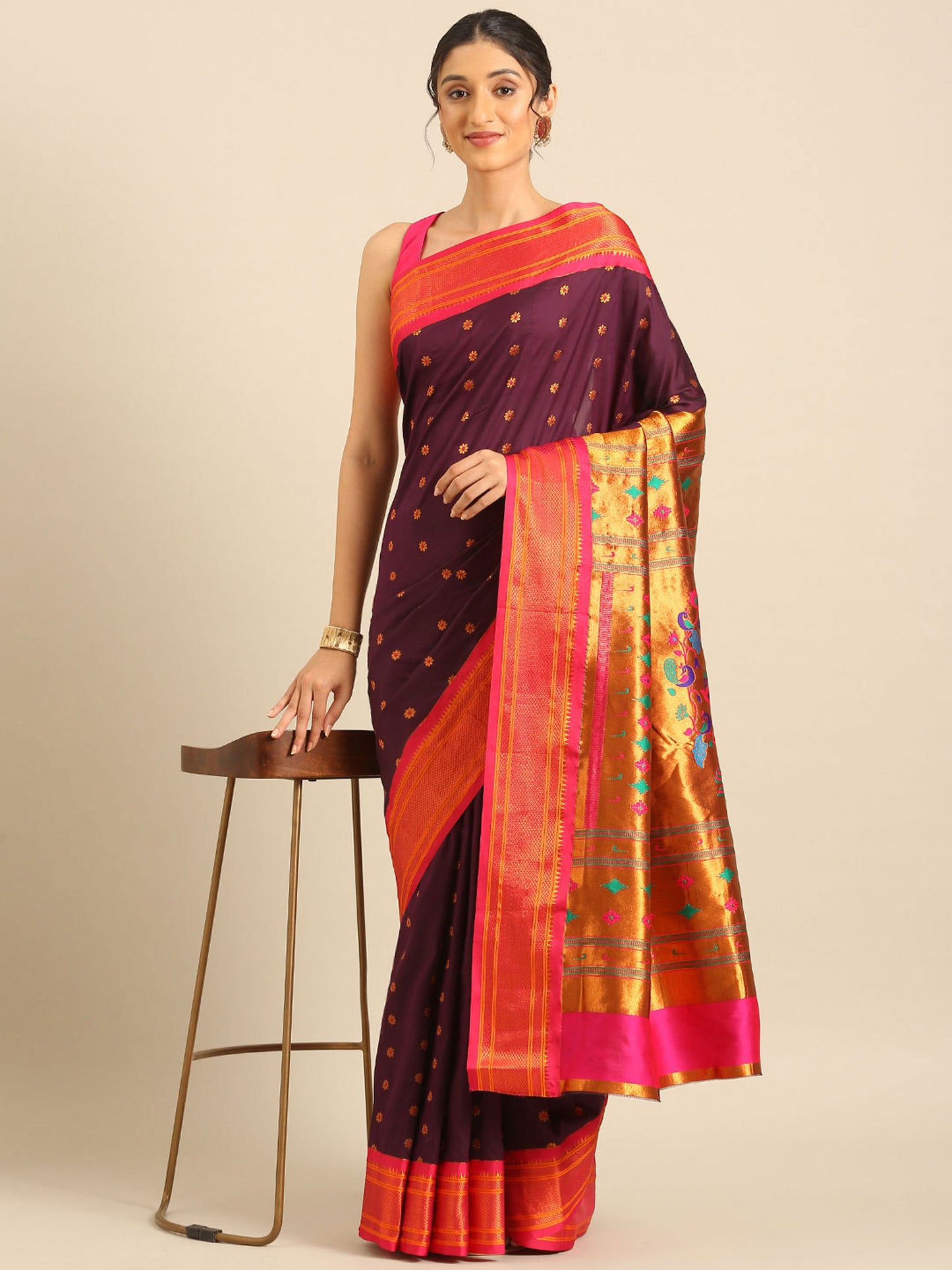 Gopi Wine & Pink Soft Silk Fancy Pallu Paithani Saree