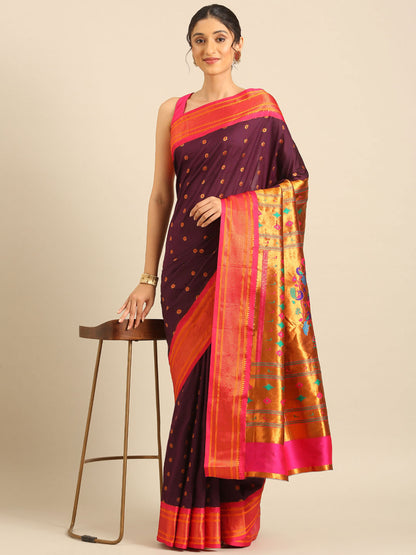 Gopi Wine & Pink Soft Silk Fancy Pallu Paithani Saree