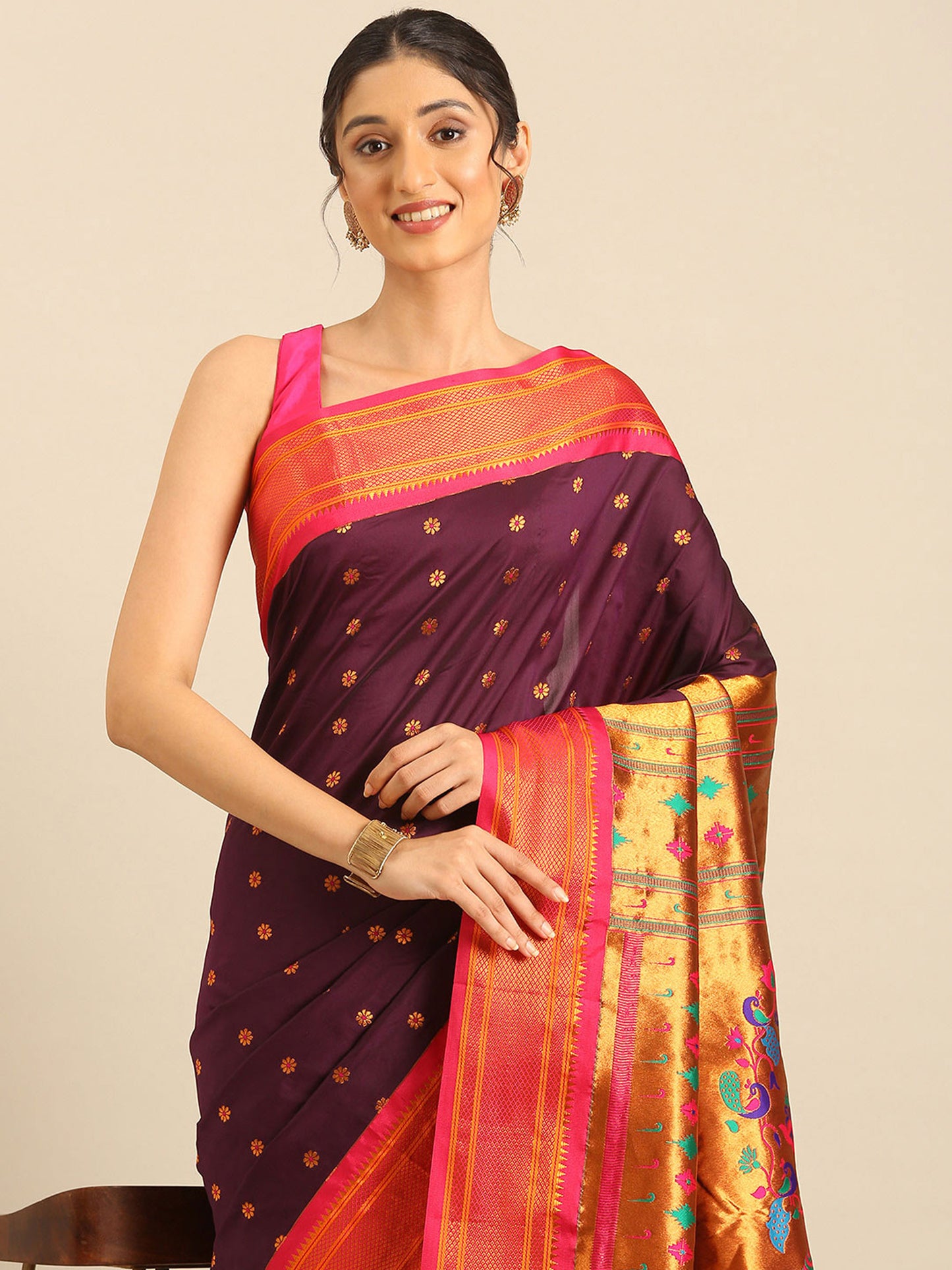 Gopi Wine & Pink Soft Silk Fancy Pallu Paithani Saree