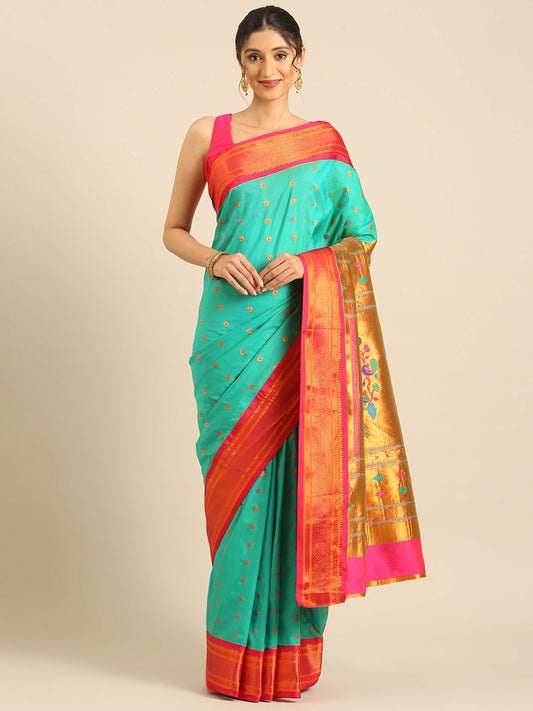 Gopi Sea Green & Pink Soft Silk Fancy Pallu Paithani Saree