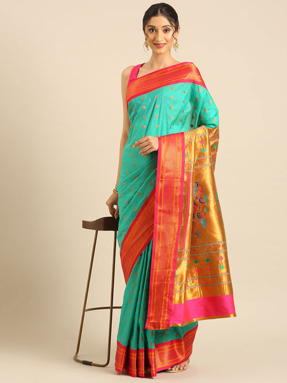 Gopi Sea Green & Pink Soft Silk Fancy Pallu Paithani Saree