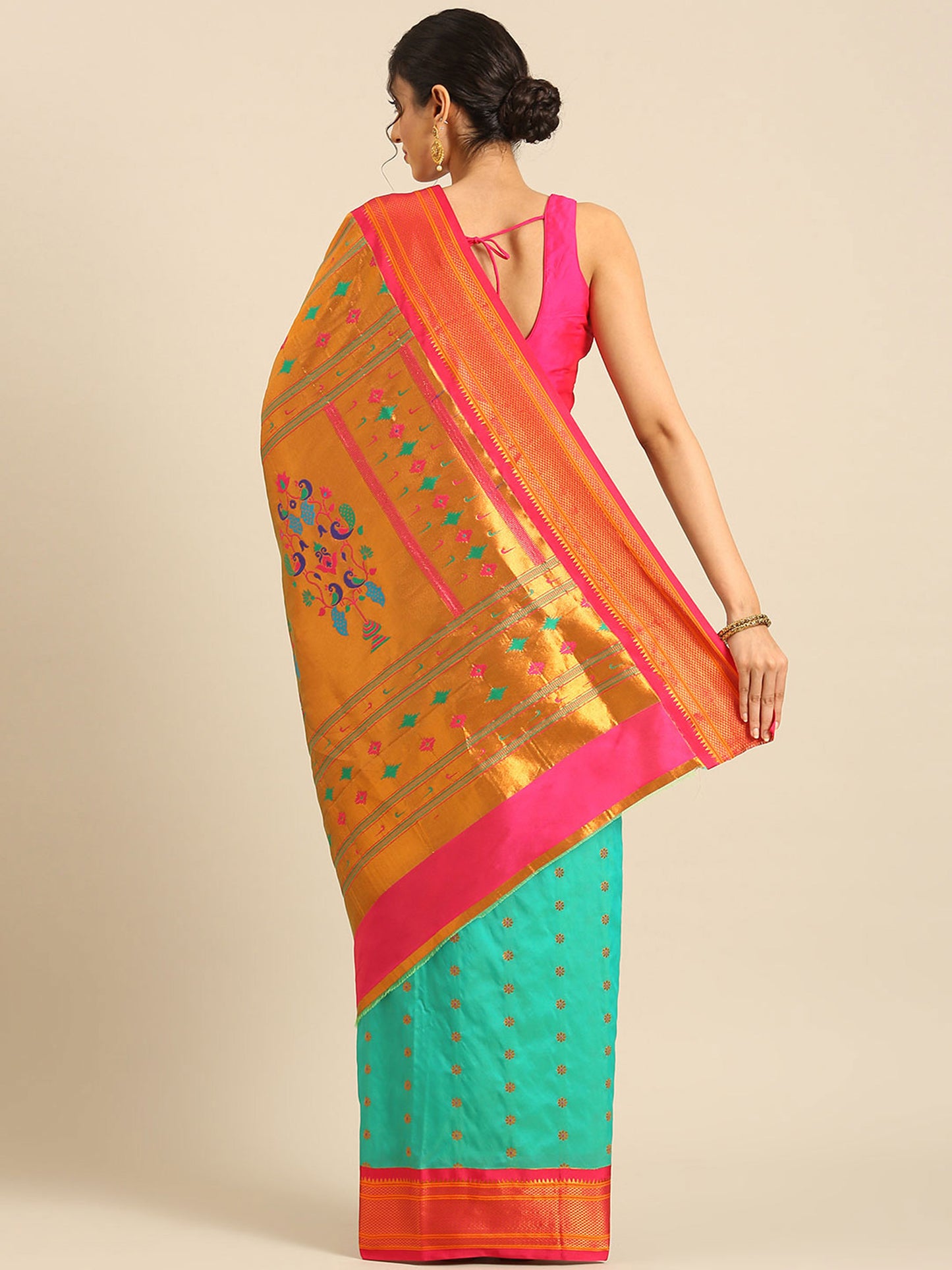 Gopi Sea Green & Pink Soft Silk Fancy Pallu Paithani Saree