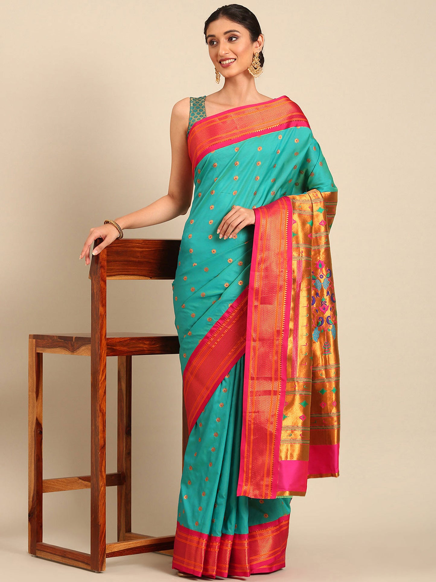 Gopi Chintamani & Pink Soft Silk Fancy Pallu Paithani Saree